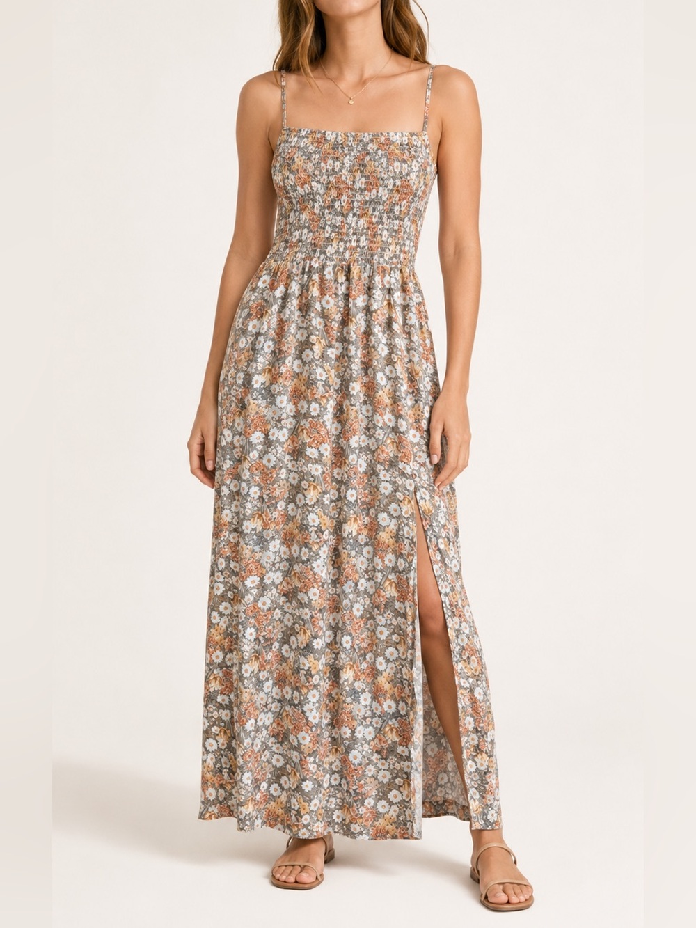 Blush BJ Floral Smocked Tie Back Boho Maxi Dress L